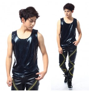 Black leather spandex sleeveless men's male fashion stage performance motor cycle hip hop jazz ds punk rock play singer dance tops vests